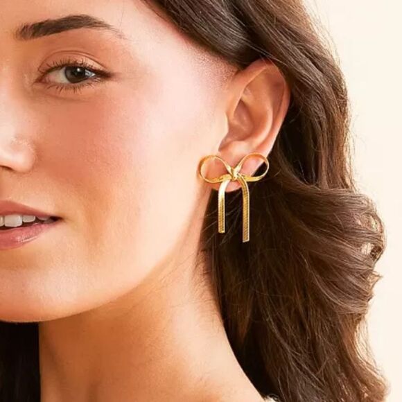 Gold Ribbon Bow earrings M503 - Picture 2 of 3